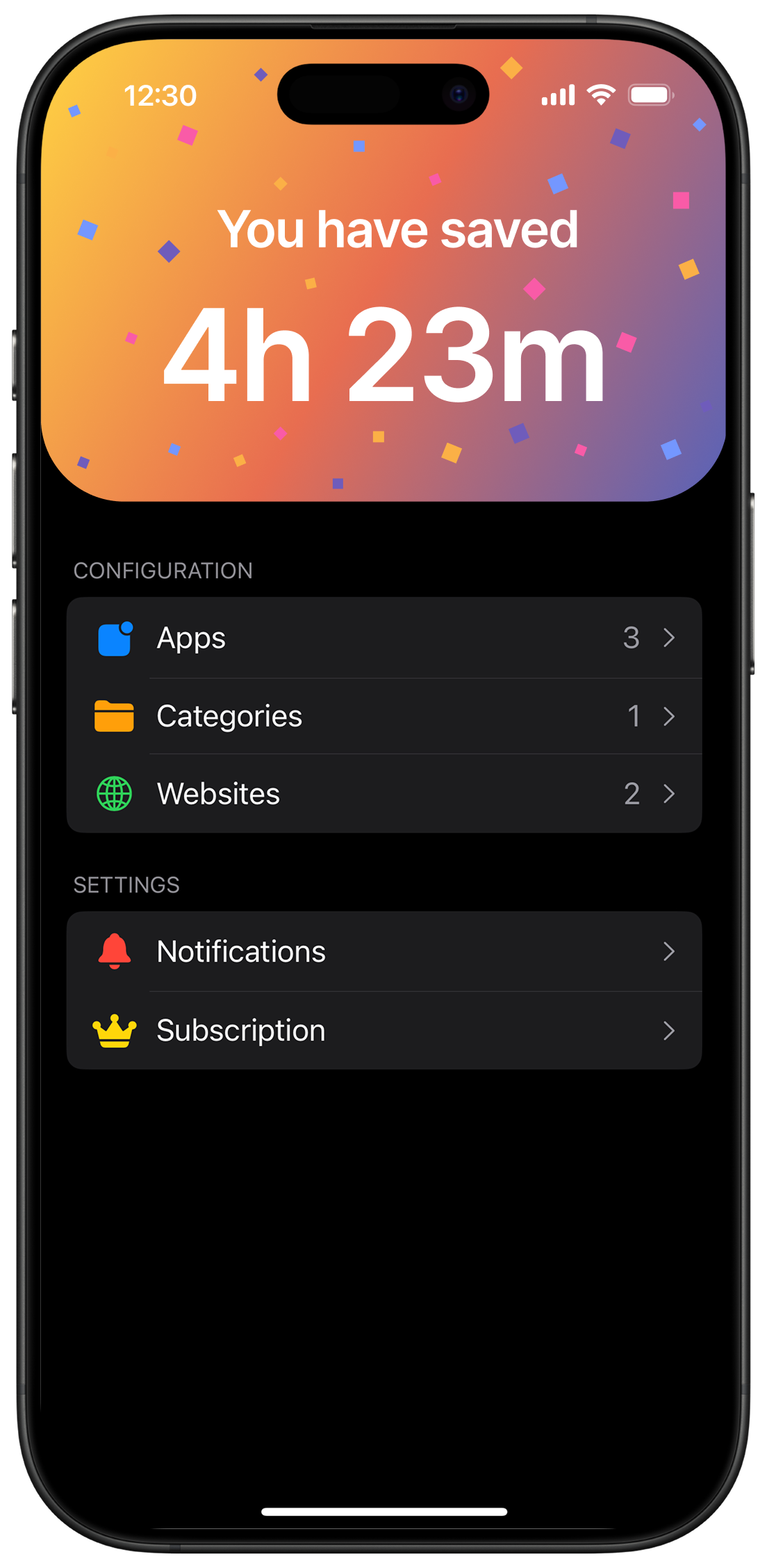 Confetti: Time Saver App Screenshot